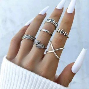 🆕3/$30 Silver 6pc Leaf & Heart Ring Set